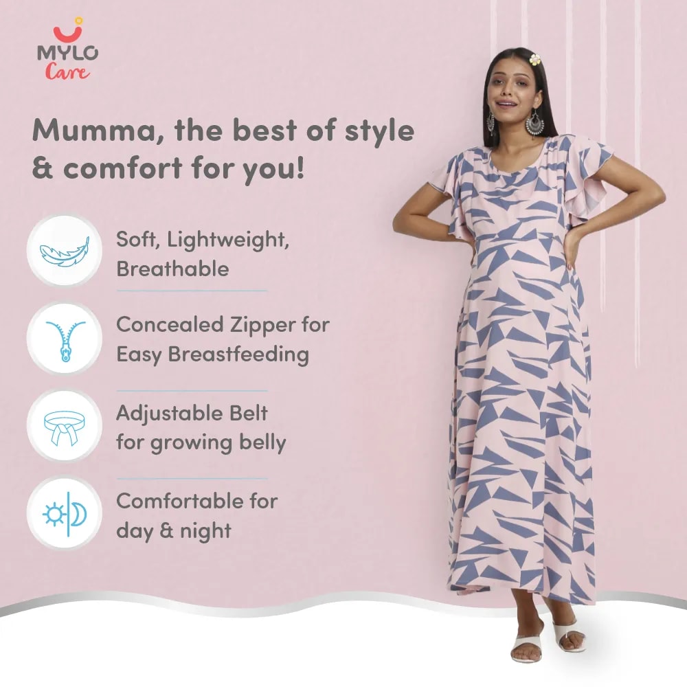 Maternity Dresses For Women with Both Side Zipper For Easy Feeding | Adjustable Belt for Growing Belly | Maxi Dress | Geometric - Pink | L