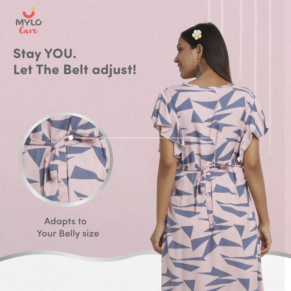 Maternity Dresses For Women with Both Side Zipper For Easy Feeding | Adjustable Belt for Growing Belly | Maxi Dress | Geometric - Pink | L