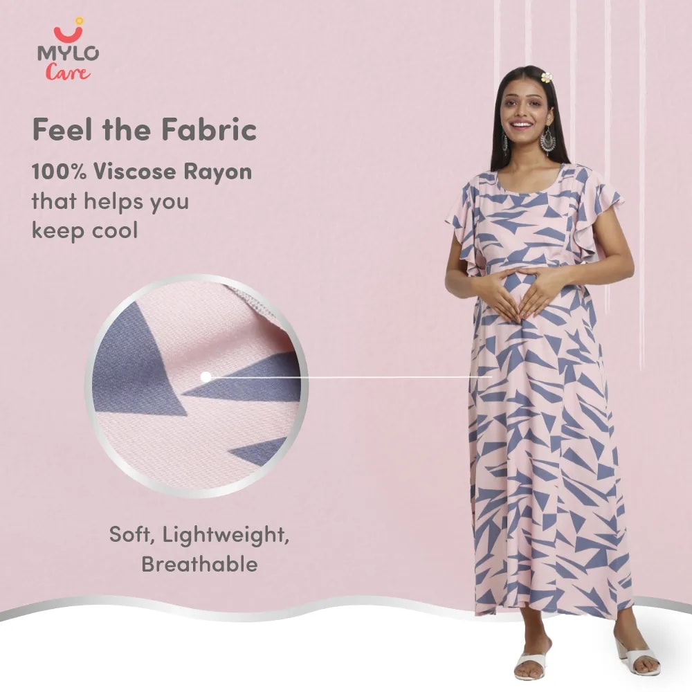 Maternity Dresses For Women with Both Side Zipper For Easy Feeding | Adjustable Belt for Growing Belly | Maxi Dress | Geometric - Pink | L