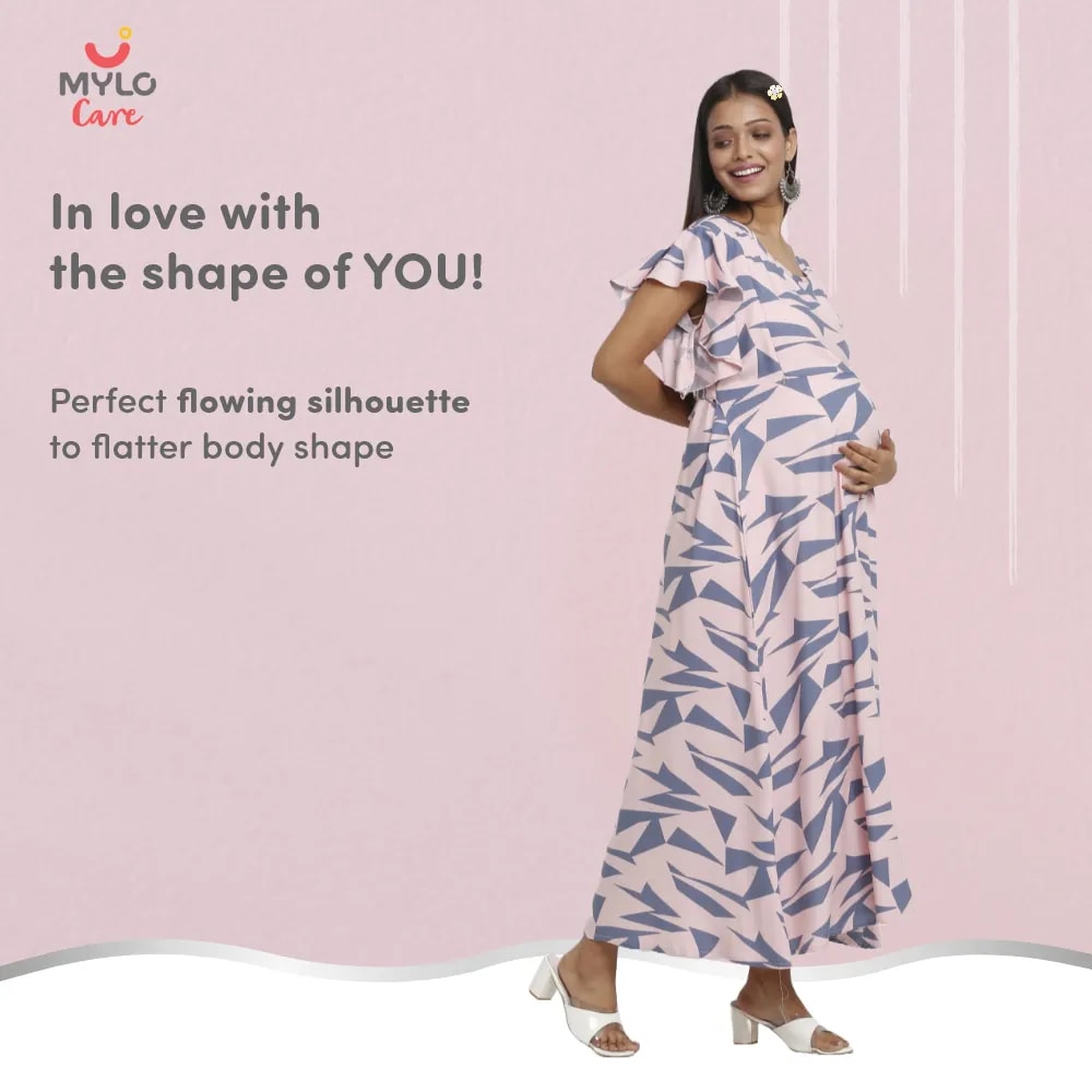 Maternity Dresses For Women with Both Side Zipper For Easy Feeding | Adjustable Belt for Growing Belly | Maxi Dress | Geometric - Pink | XL