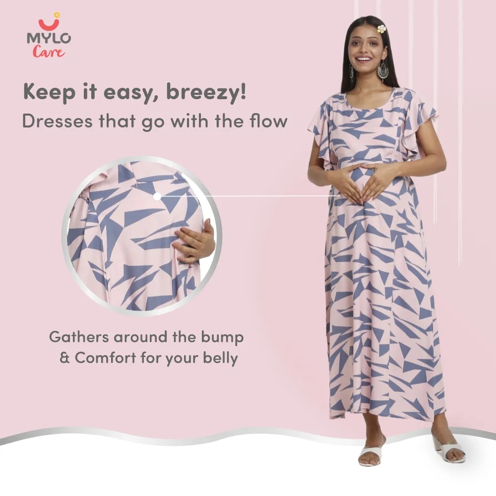 Maternity Dresses For Women with Both Side Zipper For Easy Feeding | Adjustable Belt for Growing Belly | Maxi Dress | Geometric - Pink | XL