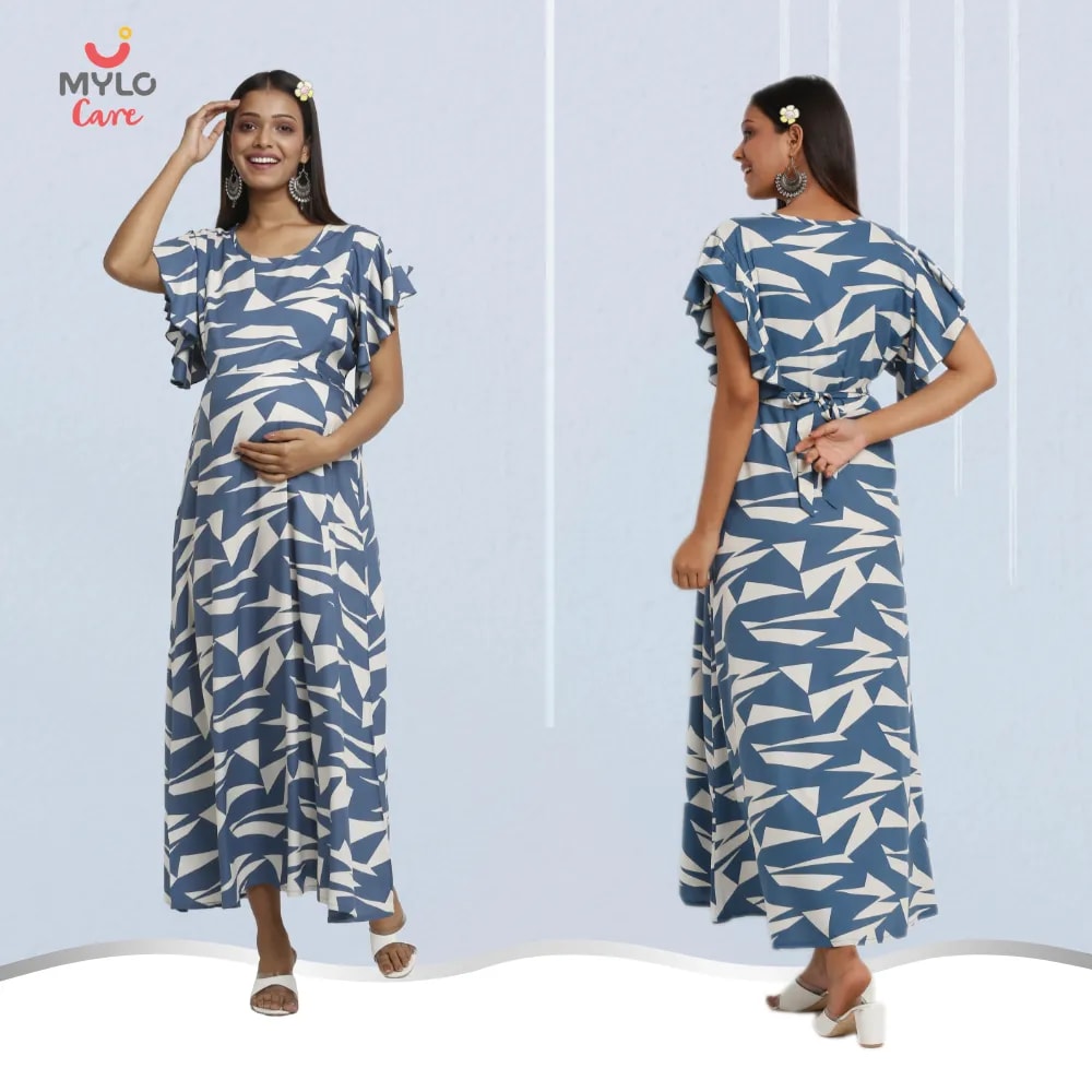 Maternity Dresses For Women with Both Side Zipper For Easy Feeding | Adjustable Belt for Growing Belly | Maxi Dress | Geometric - Blue | M