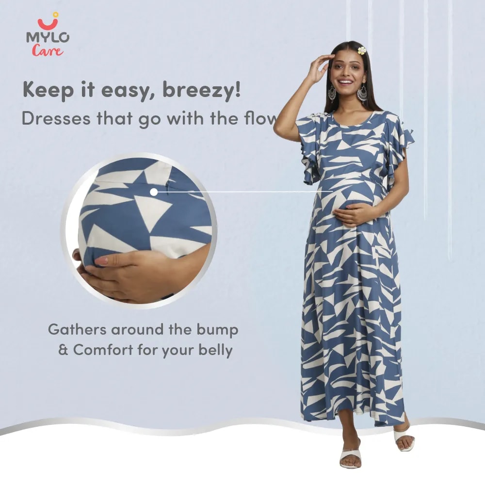 Maternity Dresses For Women with Both Side Zipper For Easy Feeding | Adjustable Belt for Growing Belly | Maxi Dress | Geometric - Blue | M