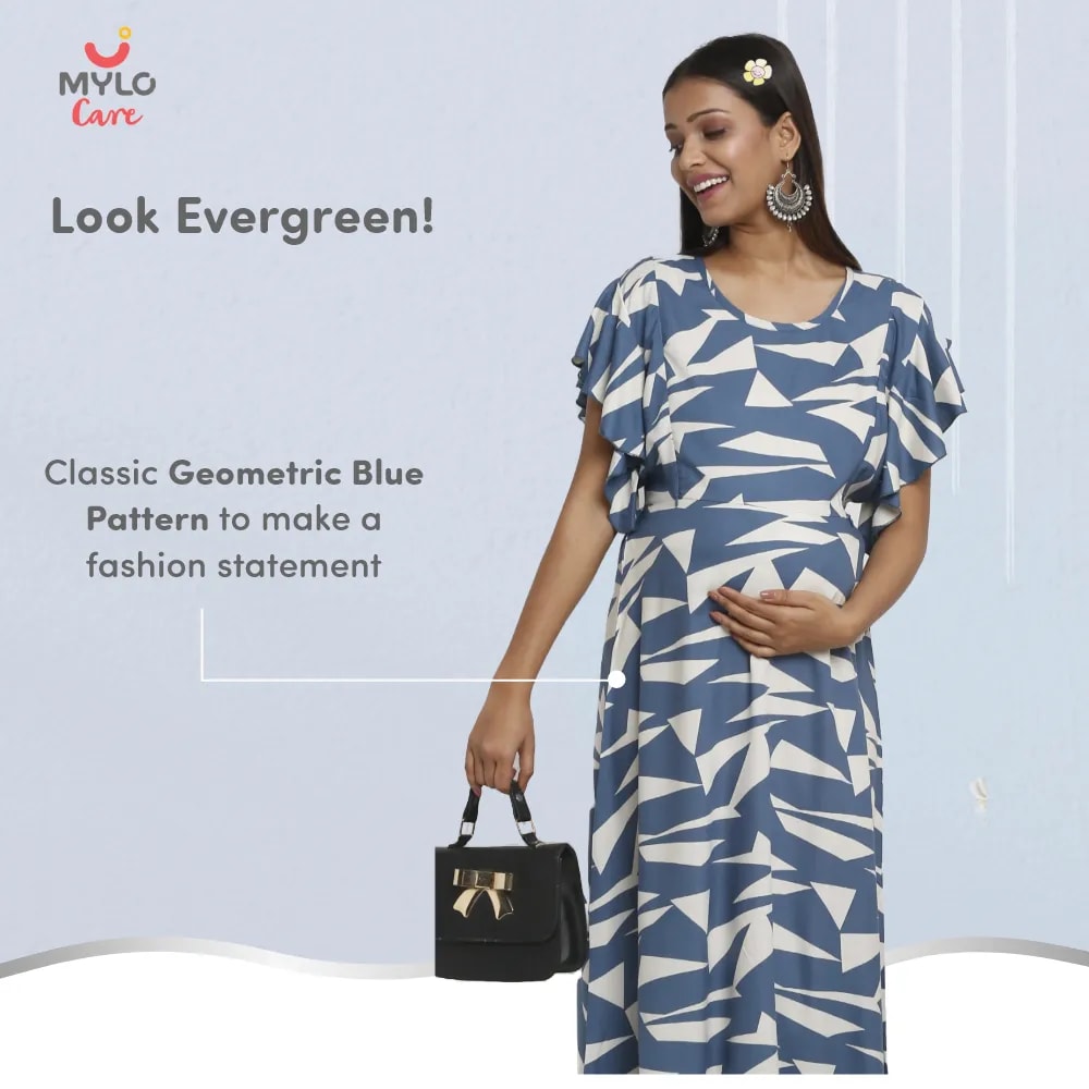 Maternity Dresses For Women with Both Side Zipper For Easy Feeding | Adjustable Belt for Growing Belly | Maxi Dress | Geometric - Blue | XL