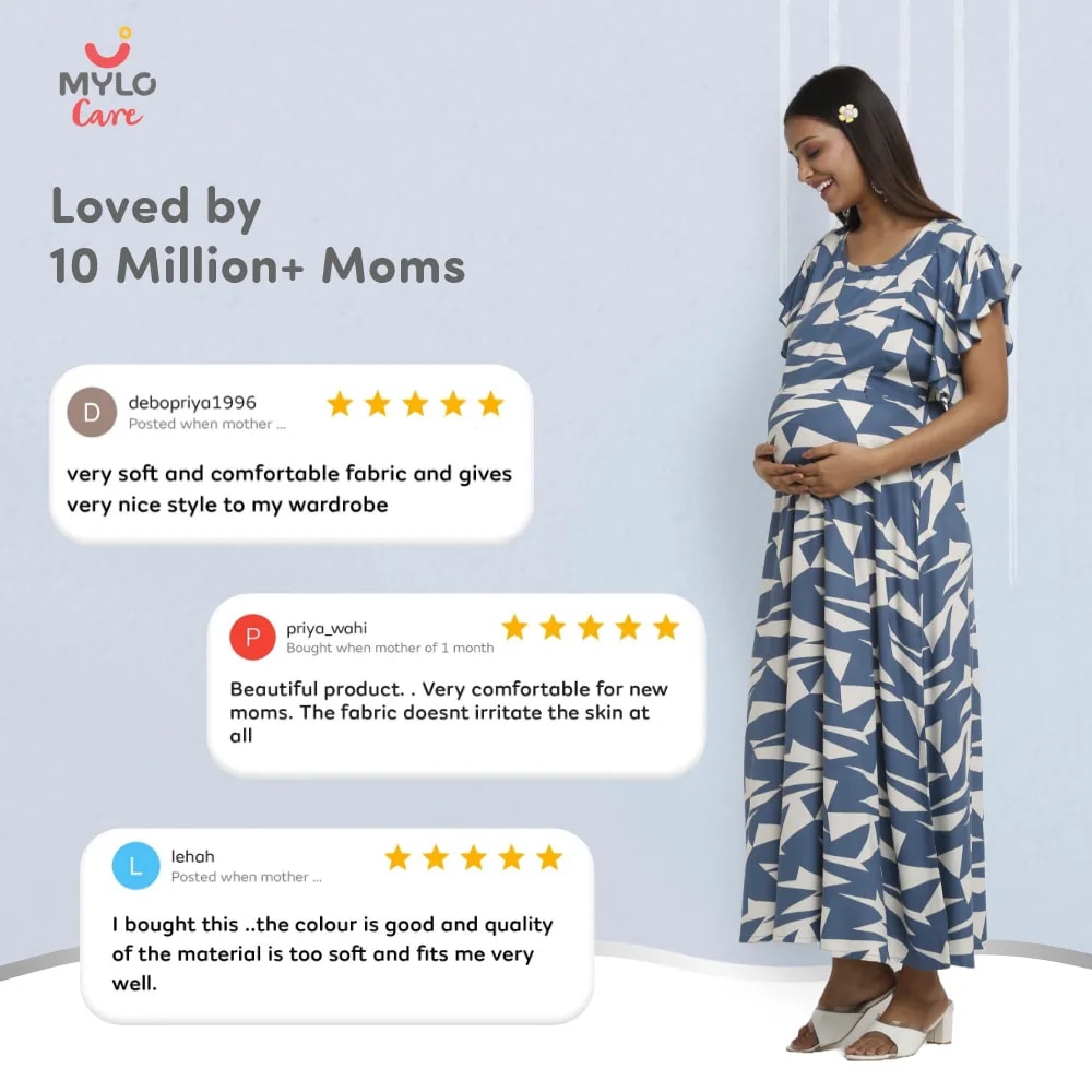 Maternity Dresses For Women with Both Side Zipper For Easy Feeding | Adjustable Belt for Growing Belly | Maxi Dress | Geometric - Blue | XXL