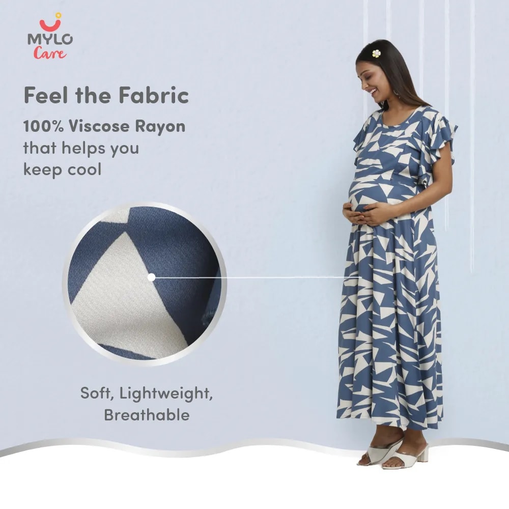 Maternity Dresses For Women with Both Side Zipper For Easy Feeding | Adjustable Belt for Growing Belly | Maxi Dress | Geometric - Blue | XXL