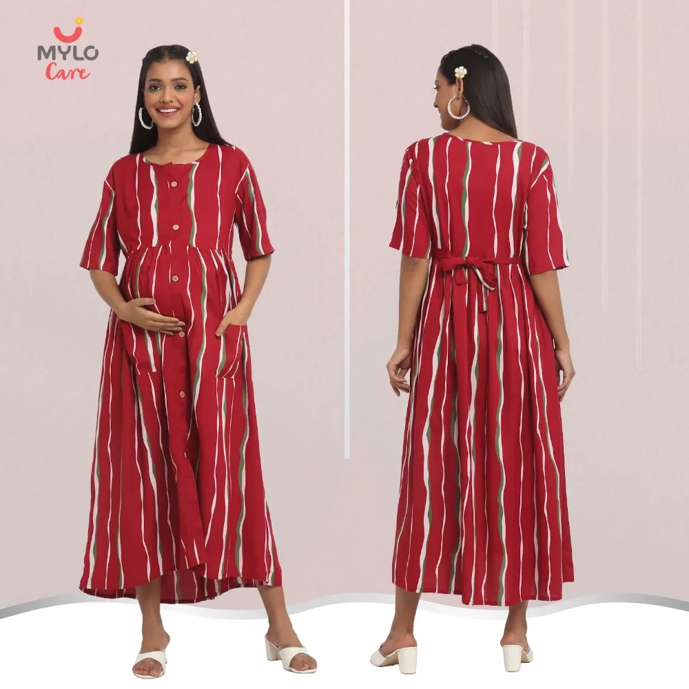 Maternity Dresses For Women with Both Side Zipper For Easy Feeding | Adjustable Belt for Growing Belly | Maxi Dress | Stripes - Red | L