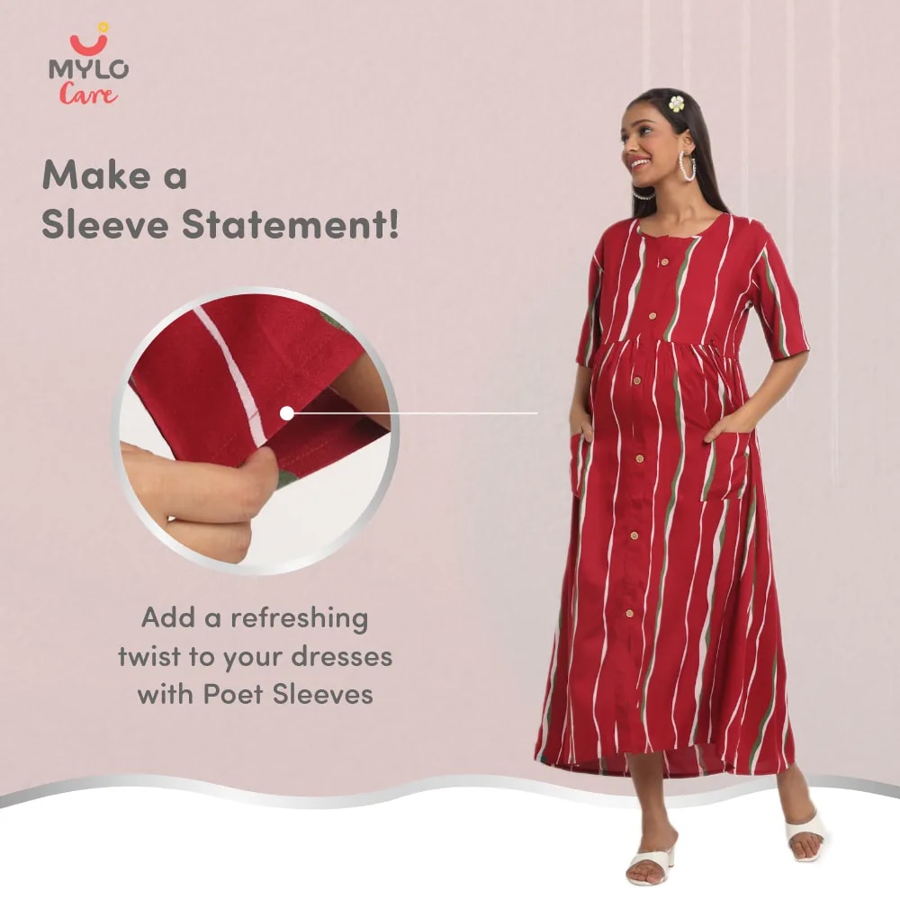 Maternity Dresses For Women with Both Side Zipper For Easy Feeding | Adjustable Belt for Growing Belly | Maxi Dress | Stripes - Red | XL