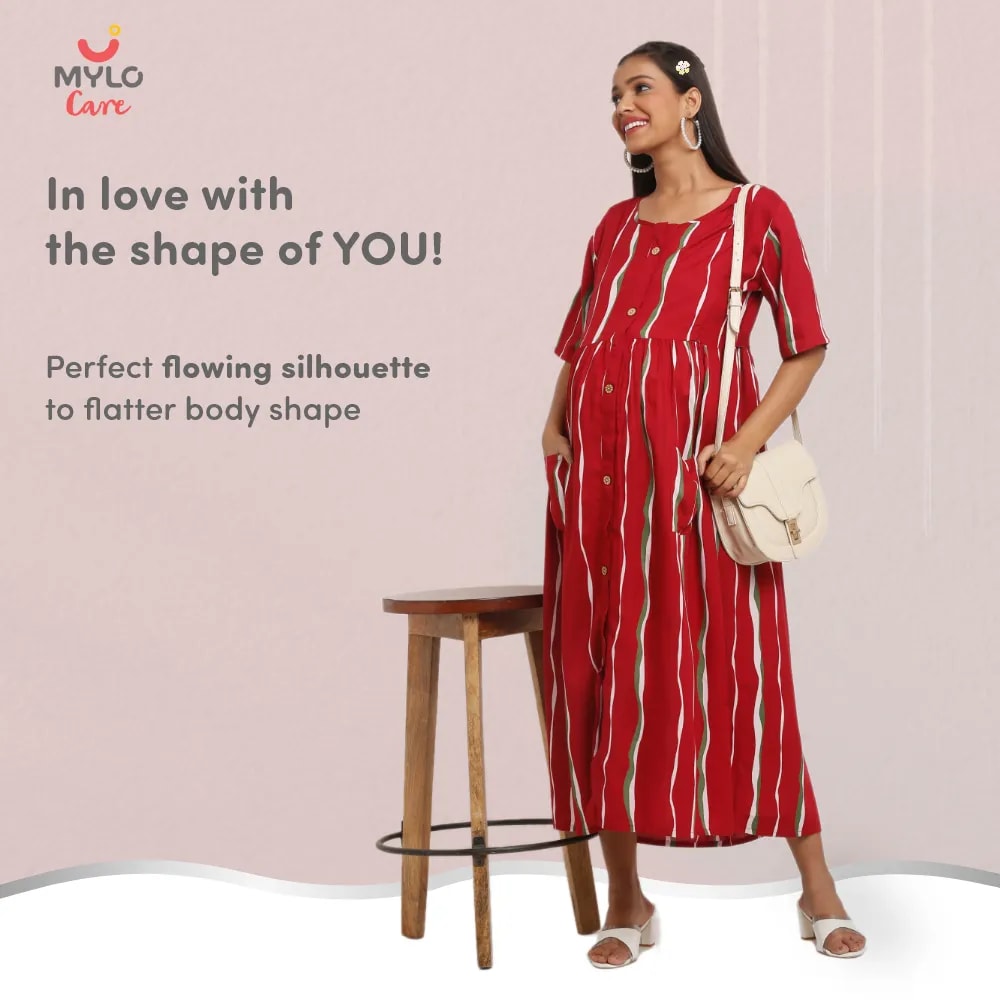 Maternity Dresses For Women with Both Side Zipper For Easy Feeding | Adjustable Belt for Growing Belly | Maxi Dress | Stripes - Red | XXL