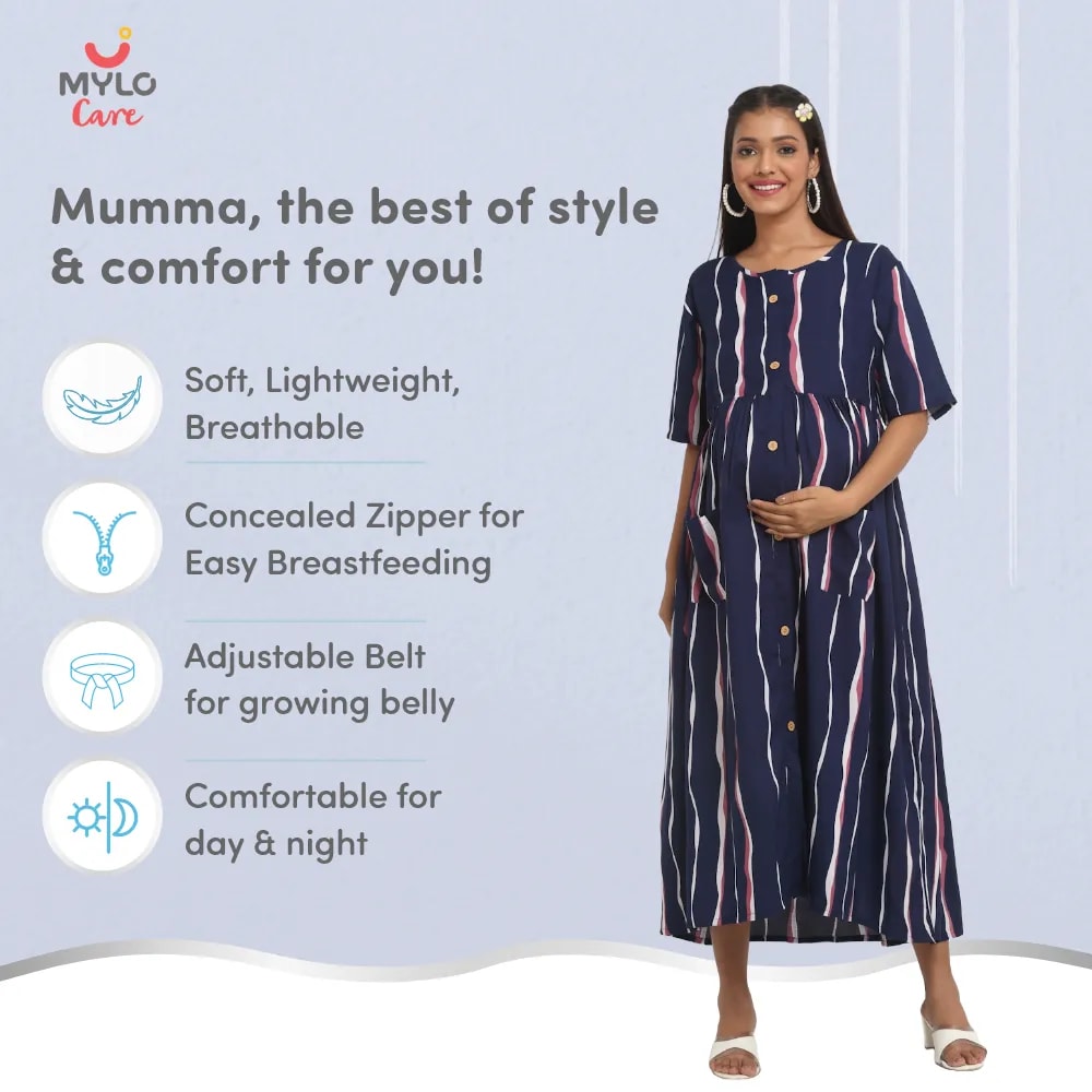 Maternity Dresses For Women with Both Side Zipper For Easy Feeding | Adjustable Belt for Growing Belly | Maxi Dress | Stripes - Dark Blue | M