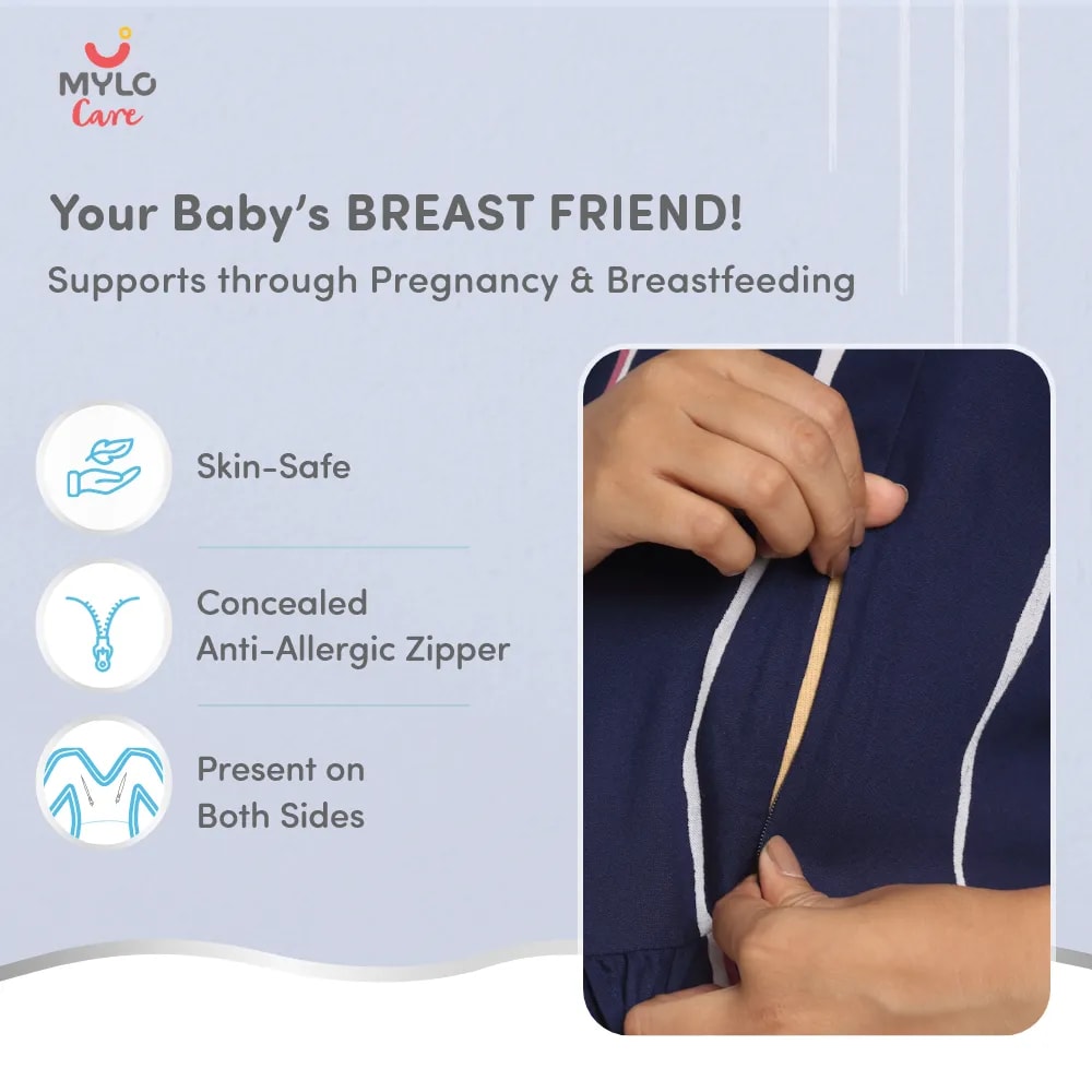 Maternity Dresses For Women with Both Side Zipper For Easy Feeding | Adjustable Belt for Growing Belly | Maxi Dress | Stripes - Dark Blue | M