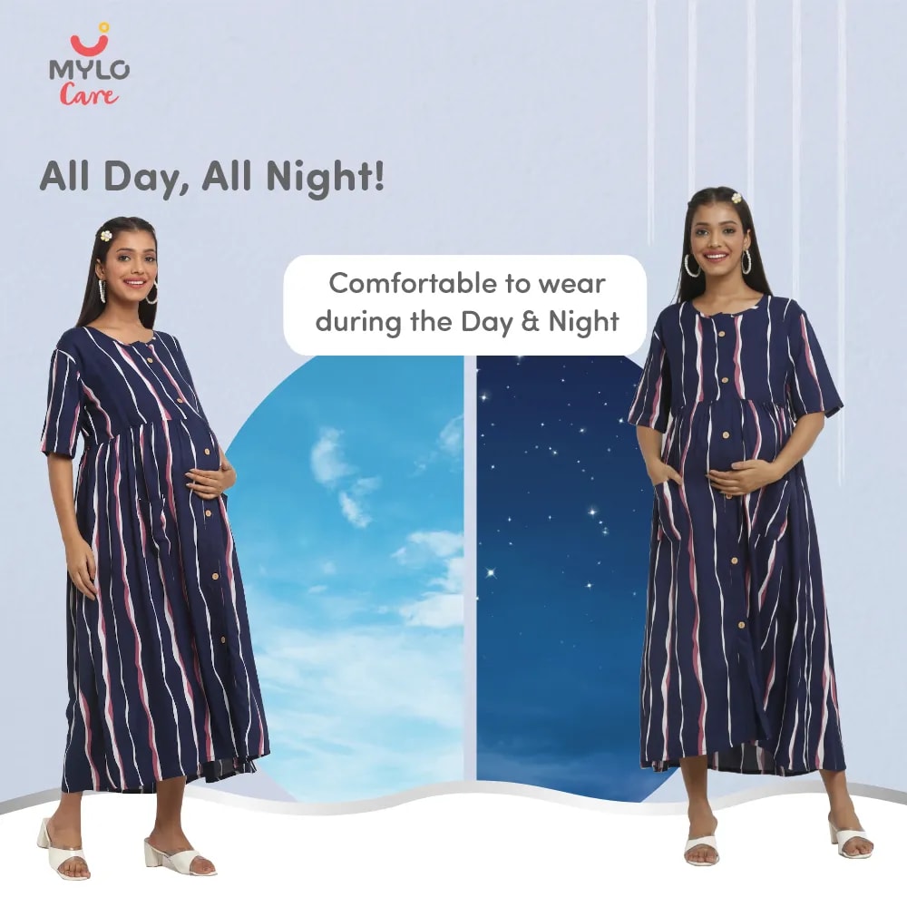 Maternity Dresses For Women with Both Side Zipper For Easy Feeding | Adjustable Belt for Growing Belly | Maxi Dress | Stripes - Dark Blue | M