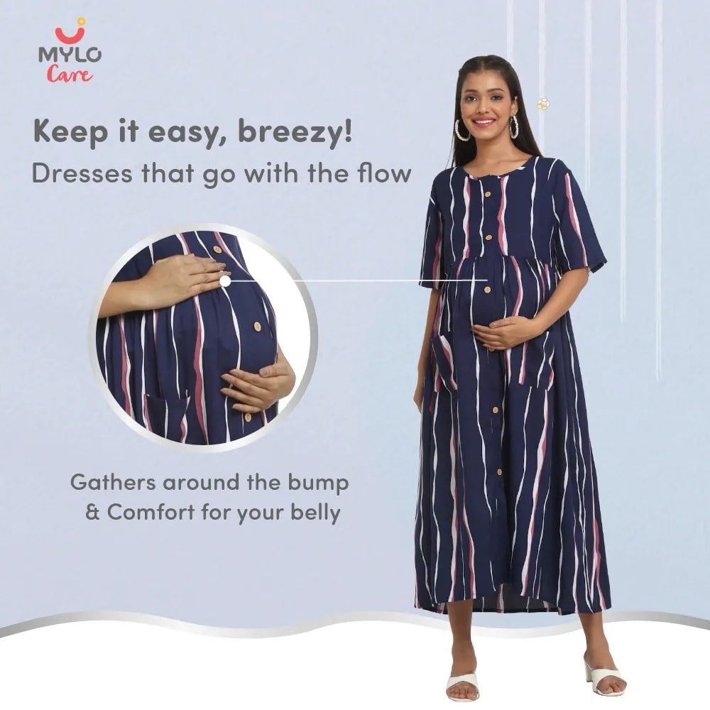 Maternity Dresses For Women with Both Side Zipper For Easy Feeding | Adjustable Belt for Growing Belly | Maxi Dress | Stripes - Dark Blue | XXL