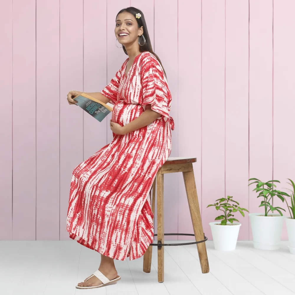 Maternity Dresses For Women with Both Side Zipper For Easy Feeding | Adjustable Belt for Growing Belly | Kaftan Dress | Shibori Print - Fuchsia | XL