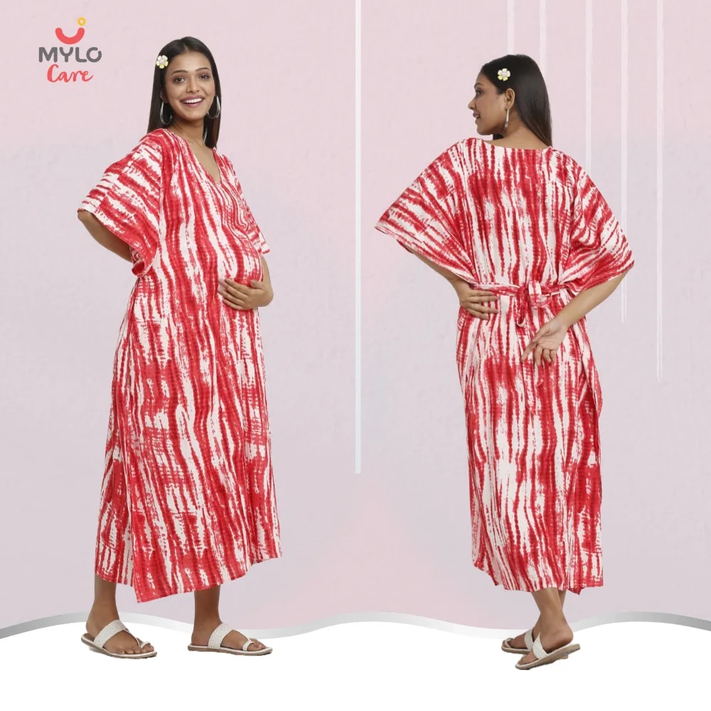 Maternity Dresses For Women with Both Side Zipper For Easy Feeding | Adjustable Belt for Growing Belly | Kaftan Dress | Shibori Print - Fuchsia | XL