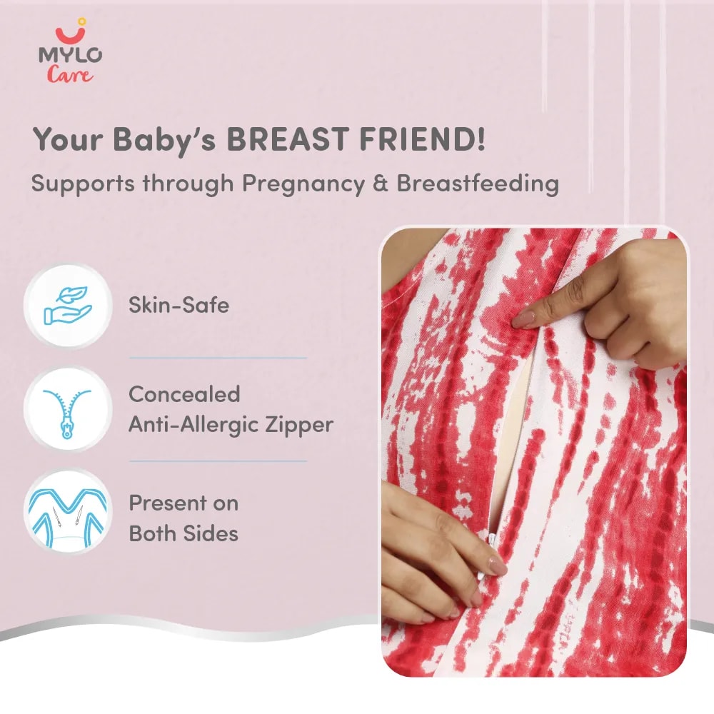 Maternity Dresses For Women with Both Side Zipper For Easy Feeding | Adjustable Belt for Growing Belly | Kaftan Dress | Shibori Print - Fuchsia | XL