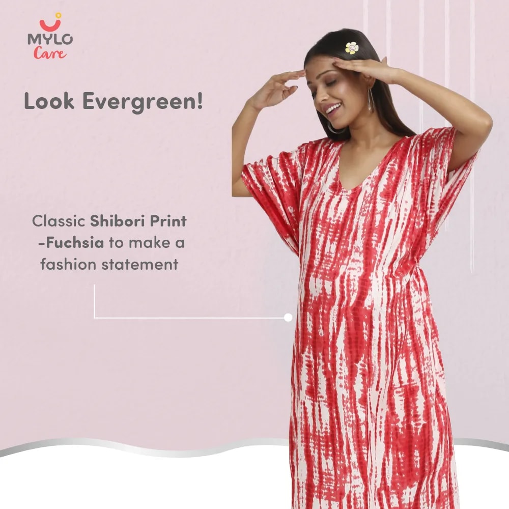 Maternity Dresses For Women with Both Side Zipper For Easy Feeding | Adjustable Belt for Growing Belly | Kaftan Dress | Shibori Print - Fuchsia | XL