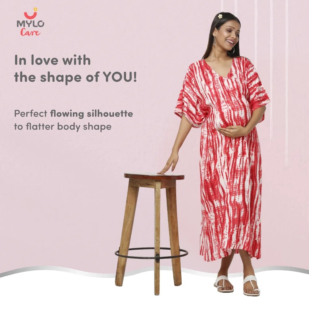 Maternity Dresses For Women with Both Side Zipper For Easy Feeding | Adjustable Belt for Growing Belly | Kaftan Dress | Shibori Print - Fuchsia | XXL