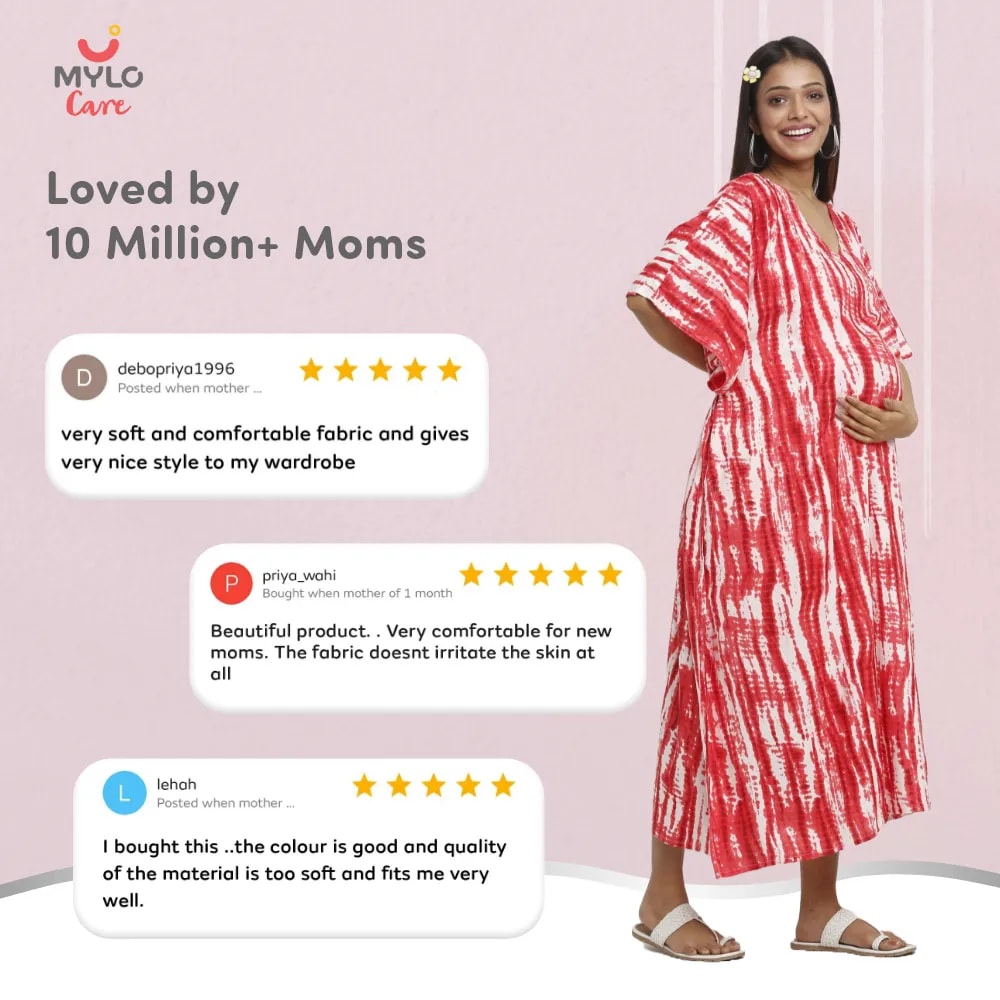 Maternity Dresses For Women with Both Side Zipper For Easy Feeding | Adjustable Belt for Growing Belly | Kaftan Dress | Shibori Print - Fuchsia | XXL