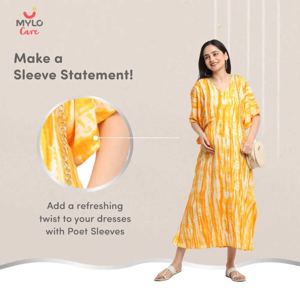 Maternity Dresses For Women with Both Side Zipper For Easy Feeding | Adjustable Belt for Growing Belly | Kaftan Dress | Shibori Print - Orange | M