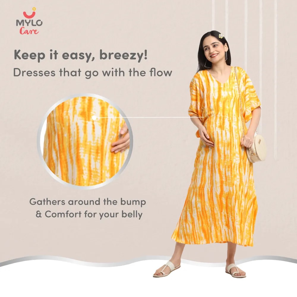 Maternity Dresses For Women with Both Side Zipper For Easy Feeding | Adjustable Belt for Growing Belly | Kaftan Dress | Shibori Print - Orange | XL