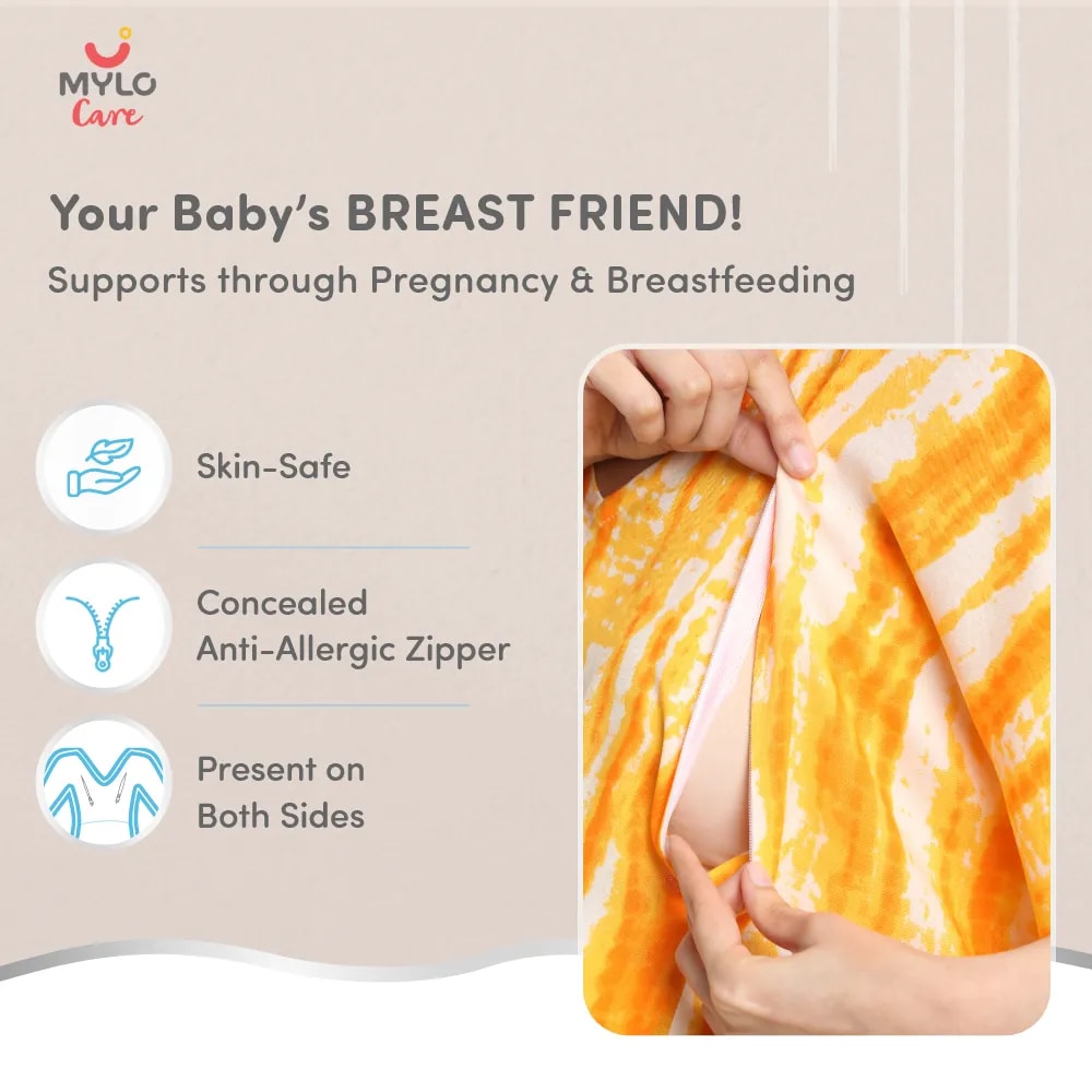 Maternity Dresses For Women with Both Side Zipper For Easy Feeding | Adjustable Belt for Growing Belly | Kaftan Dress | Shibori Print - Orange | XL