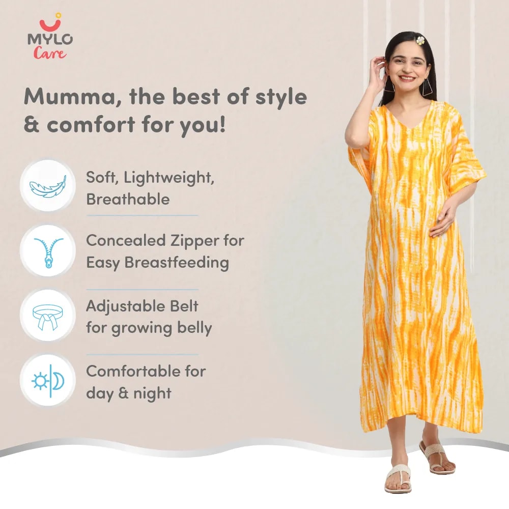 Maternity Dresses For Women with Both Side Zipper For Easy Feeding | Adjustable Belt for Growing Belly | Kaftan Dress | Shibori Print - Orange | XXL