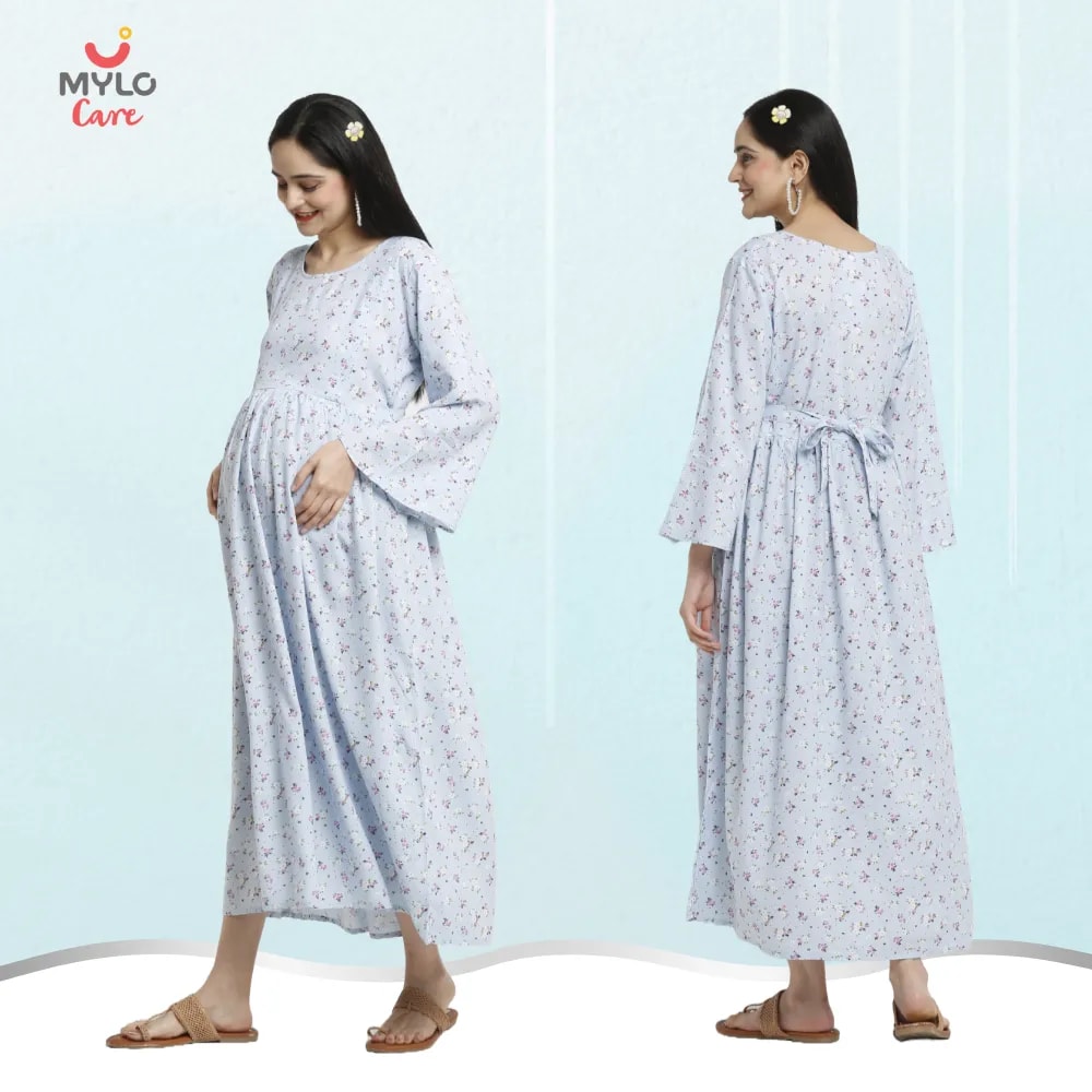 Maternity Dresses For Women with Both Side Zipper For Easy Feeding | Adjustable Belt for Growing Belly | Maxi Dress | Ditsy Daisy - Blue | XXL