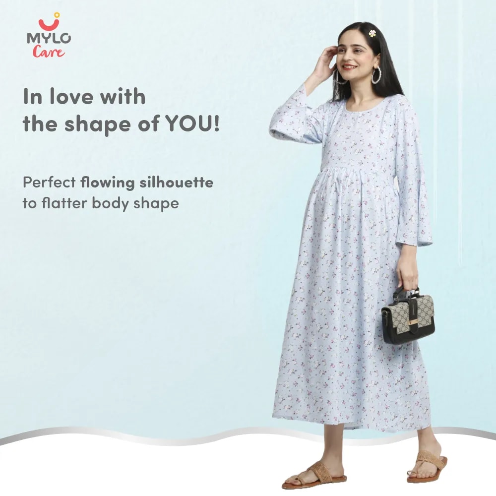 Maternity Dresses For Women with Both Side Zipper For Easy Feeding | Adjustable Belt for Growing Belly | Maxi Dress | Ditsy Daisy - Blue | XXL