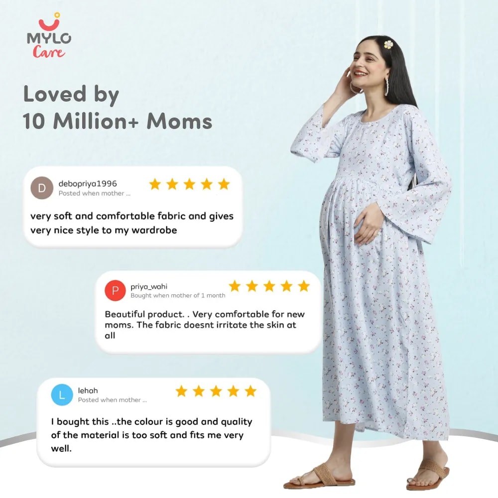 Maternity Dresses For Women with Both Side Zipper For Easy Feeding | Adjustable Belt for Growing Belly | Maxi Dress | Ditsy Daisy - Blue | XXL