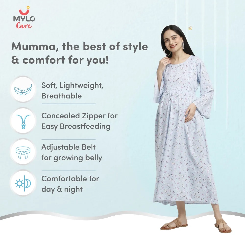 Maternity Dresses For Women with Both Side Zipper For Easy Feeding | Adjustable Belt for Growing Belly | Maxi Dress | Ditsy Daisy - Blue | XXL