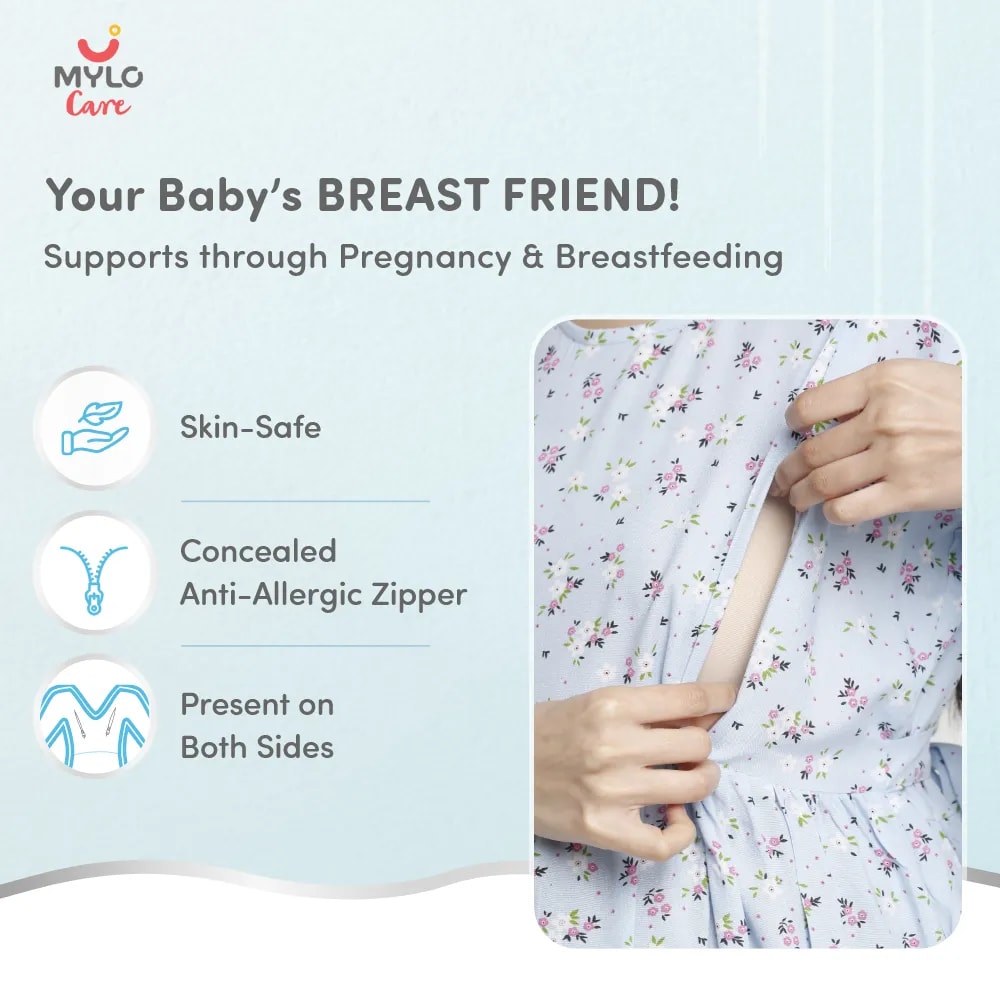 Maternity Dresses For Women with Both Side Zipper For Easy Feeding | Adjustable Belt for Growing Belly | Maxi Dress | Ditsy Daisy - Blue | XXL