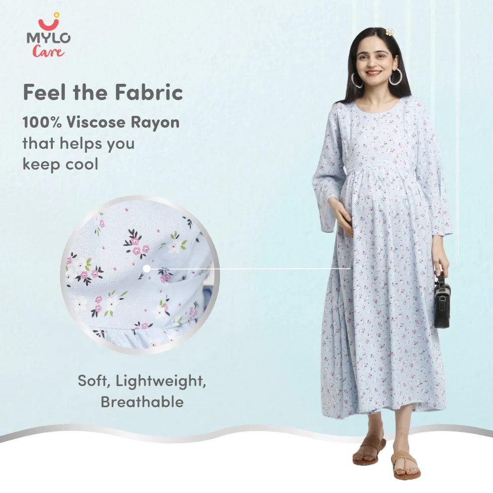 Maternity Dresses For Women with Both Side Zipper For Easy Feeding | Adjustable Belt for Growing Belly | Maxi Dress | Ditsy Daisy - Blue | XXL