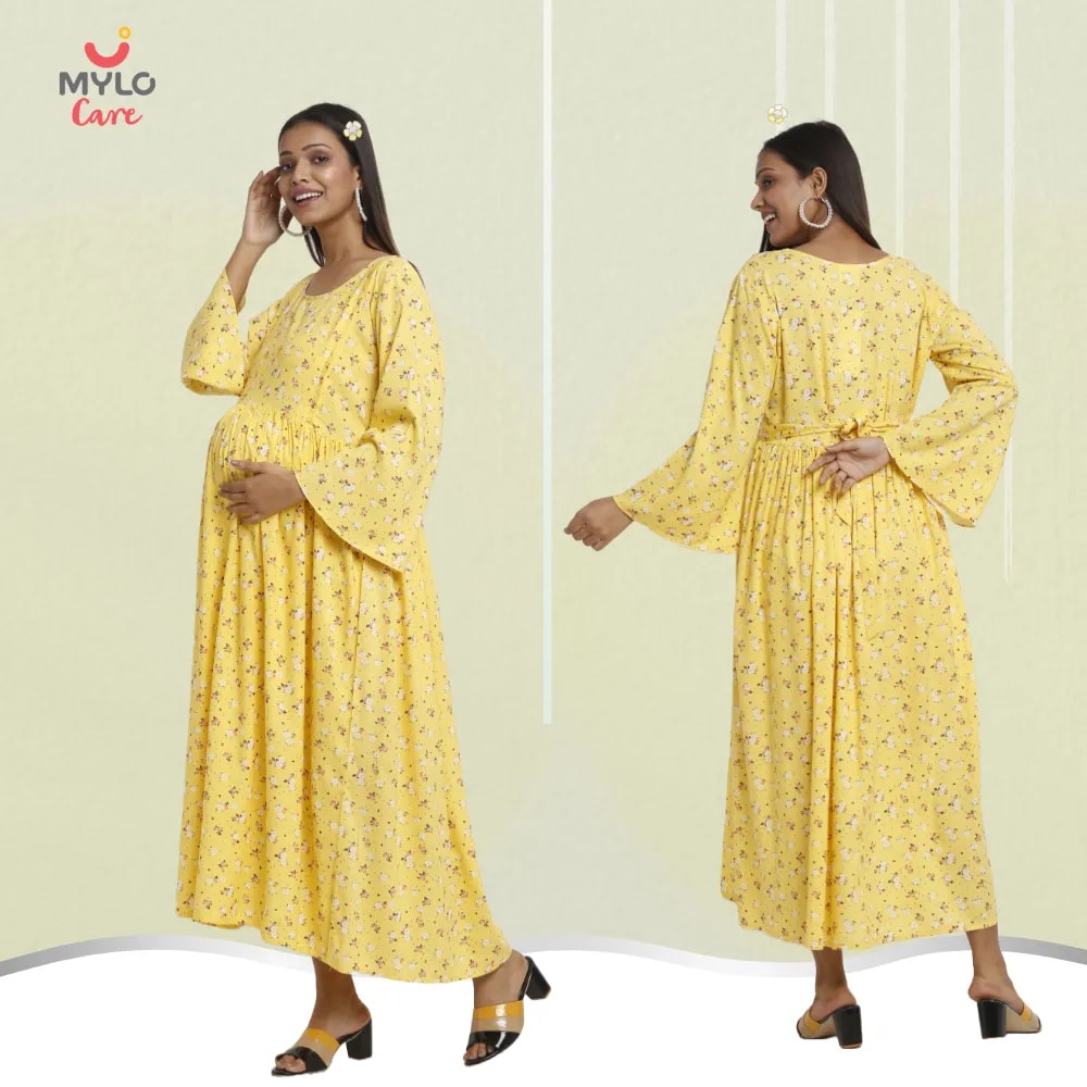 Maternity Dresses For Women with Both Side Zipper For Easy Feeding | Adjustable Belt for Growing Belly | Maxi Dress | Ditsy Daisy - Mustard | M