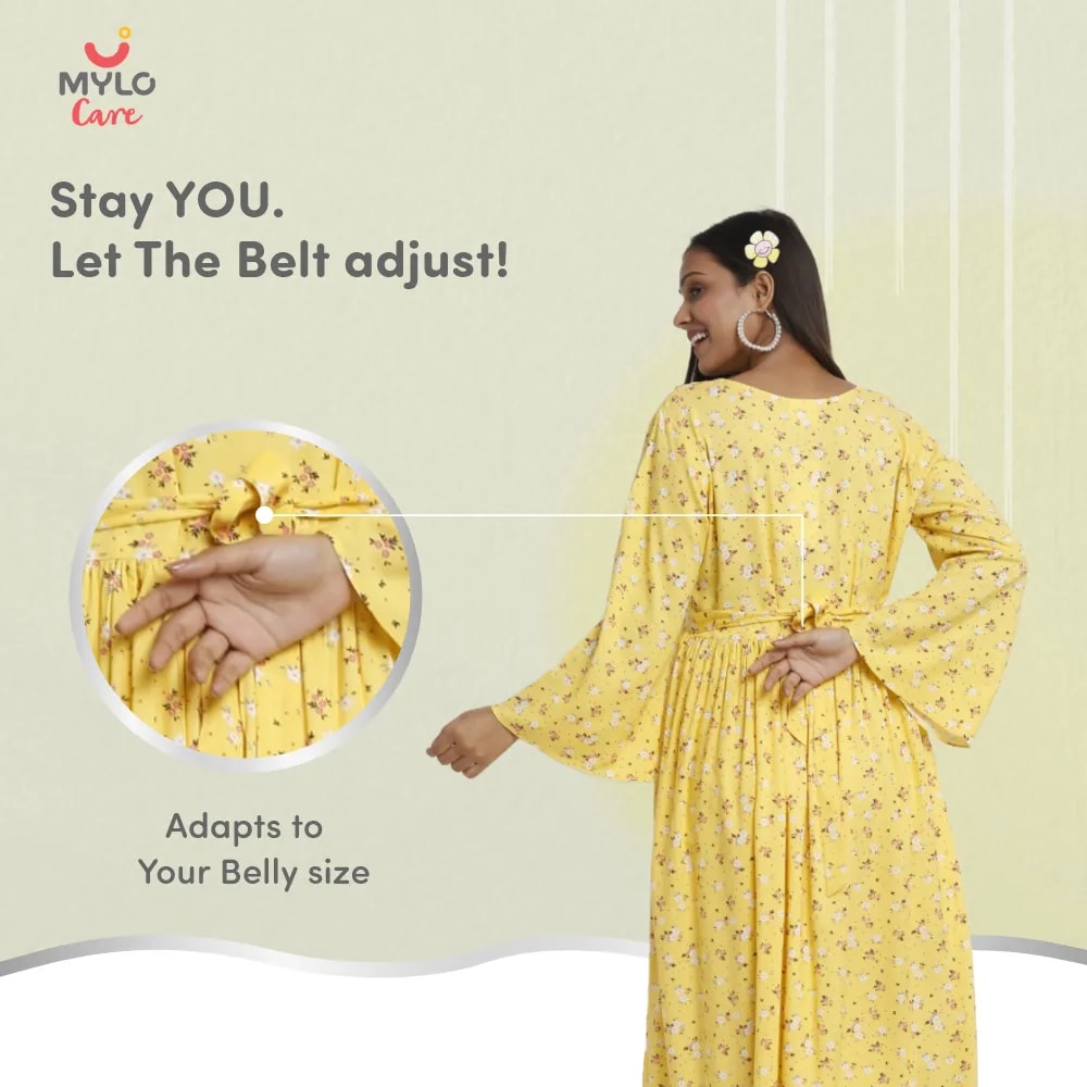 Maternity Dresses For Women with Both Side Zipper For Easy Feeding | Adjustable Belt for Growing Belly | Maxi Dress | Ditsy Daisy - Mustard | XXL