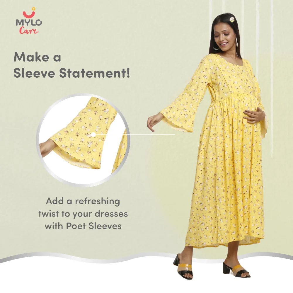 Maternity Dresses For Women with Both Side Zipper For Easy Feeding | Adjustable Belt for Growing Belly | Maxi Dress | Ditsy Daisy - Mustard | XXL