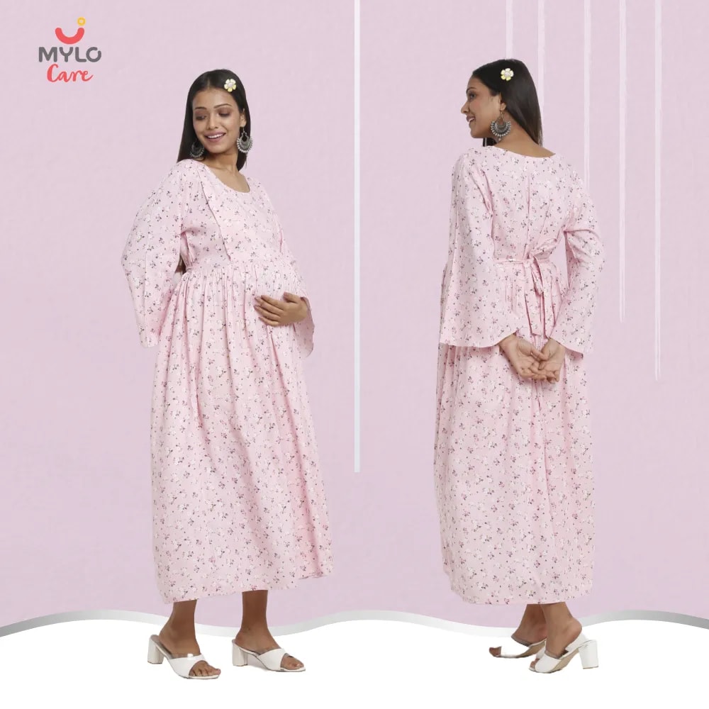 Maternity Dresses For Women with Both Side Zipper For Easy Feeding | Adjustable Belt for Growing Belly | Maxi Dress | Ditsy Daisy - Pink | M