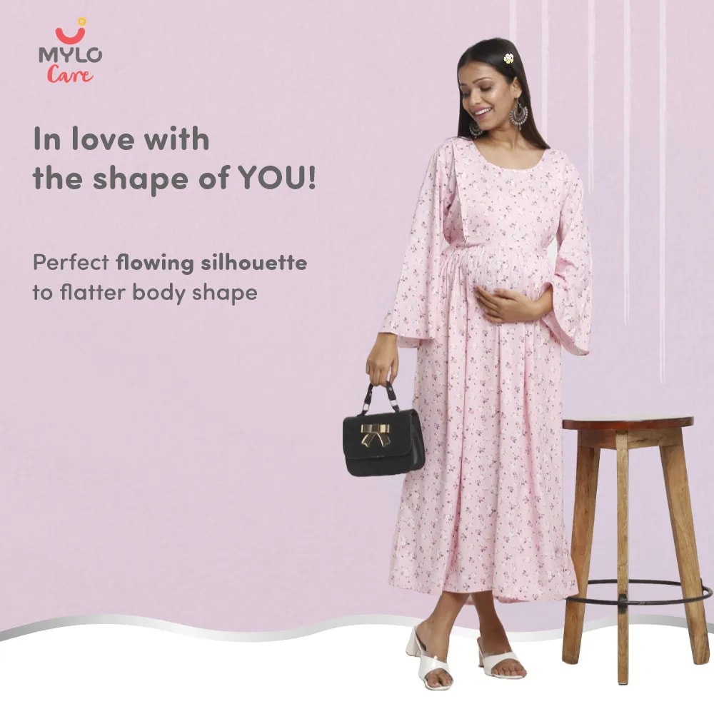 Maternity Dresses For Women with Both Side Zipper For Easy Feeding | Adjustable Belt for Growing Belly | Maxi Dress | Ditsy Daisy - Pink | M