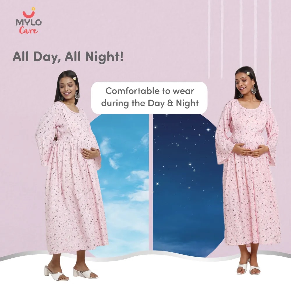 Maternity Dresses For Women with Both Side Zipper For Easy Feeding | Adjustable Belt for Growing Belly | Maxi Dress | Ditsy Daisy - Pink | XL