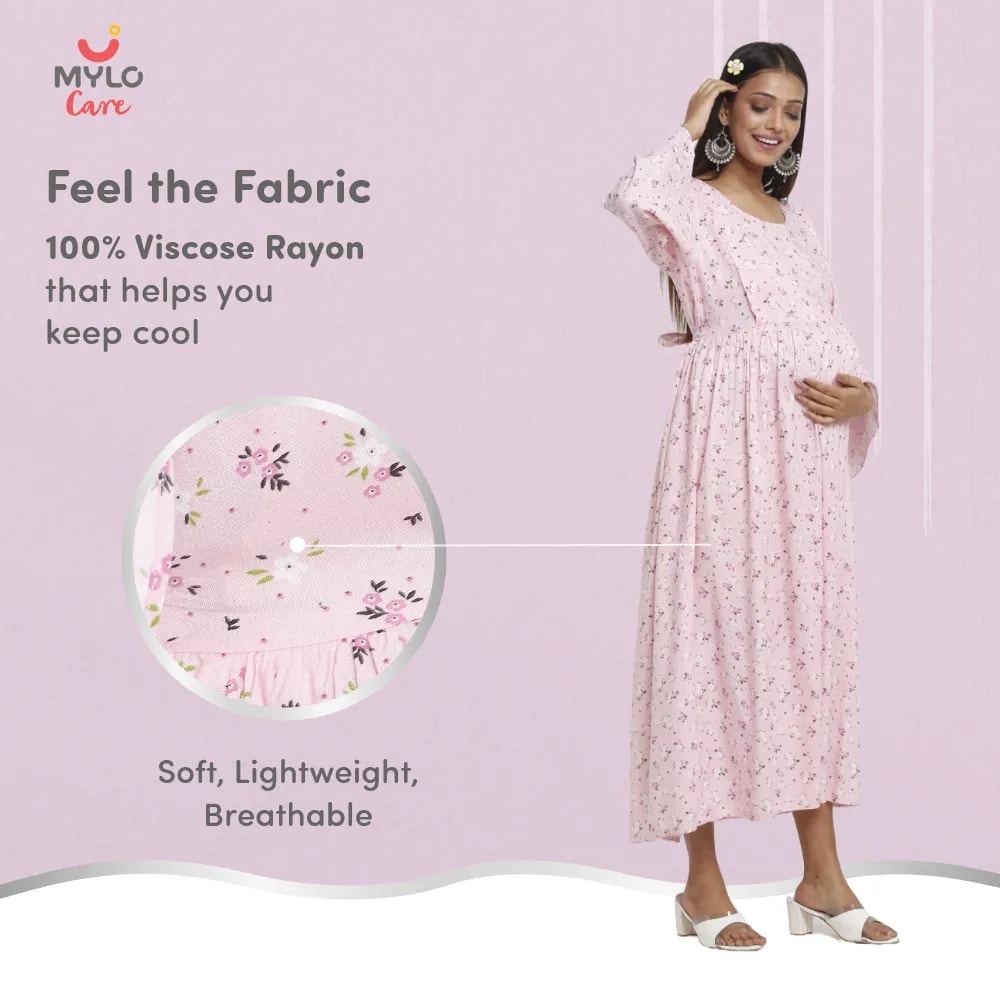 Maternity Dresses For Women with Both Side Zipper For Easy Feeding | Adjustable Belt for Growing Belly | Maxi Dress | Ditsy Daisy - Pink | XL