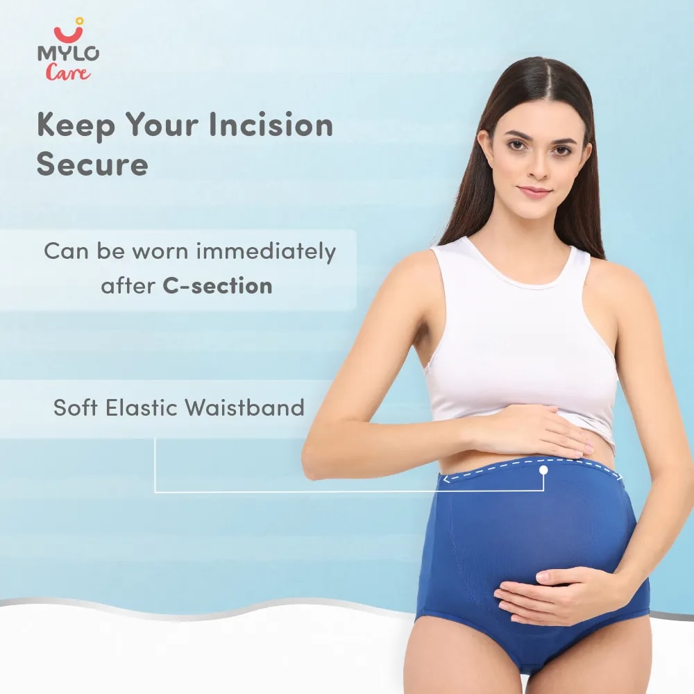 High Waist Maternity Panty for Pregnancy & Post-Delivery | Anti-Microbial with Comfy Adjustable Waistband - Blue & Black - XXL - Pack of 2