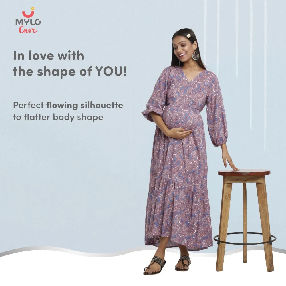 Maternity Dresses For Women with Both Side Zipper For Easy Feeding | Adjustable Belt for Growing Belly | Maxi Dress | Persian Paisley - Blue | XXL