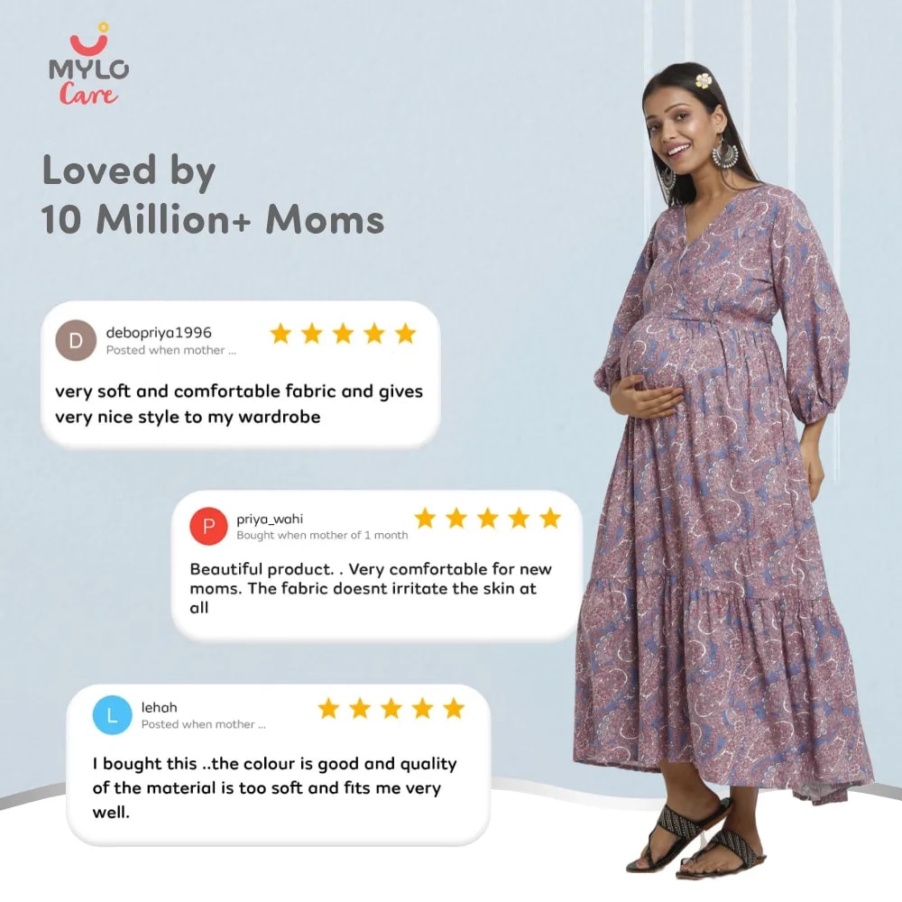 Maternity Dresses For Women with Both Side Zipper For Easy Feeding | Adjustable Belt for Growing Belly | Maxi Dress | Persian Paisley - Blue | XXL