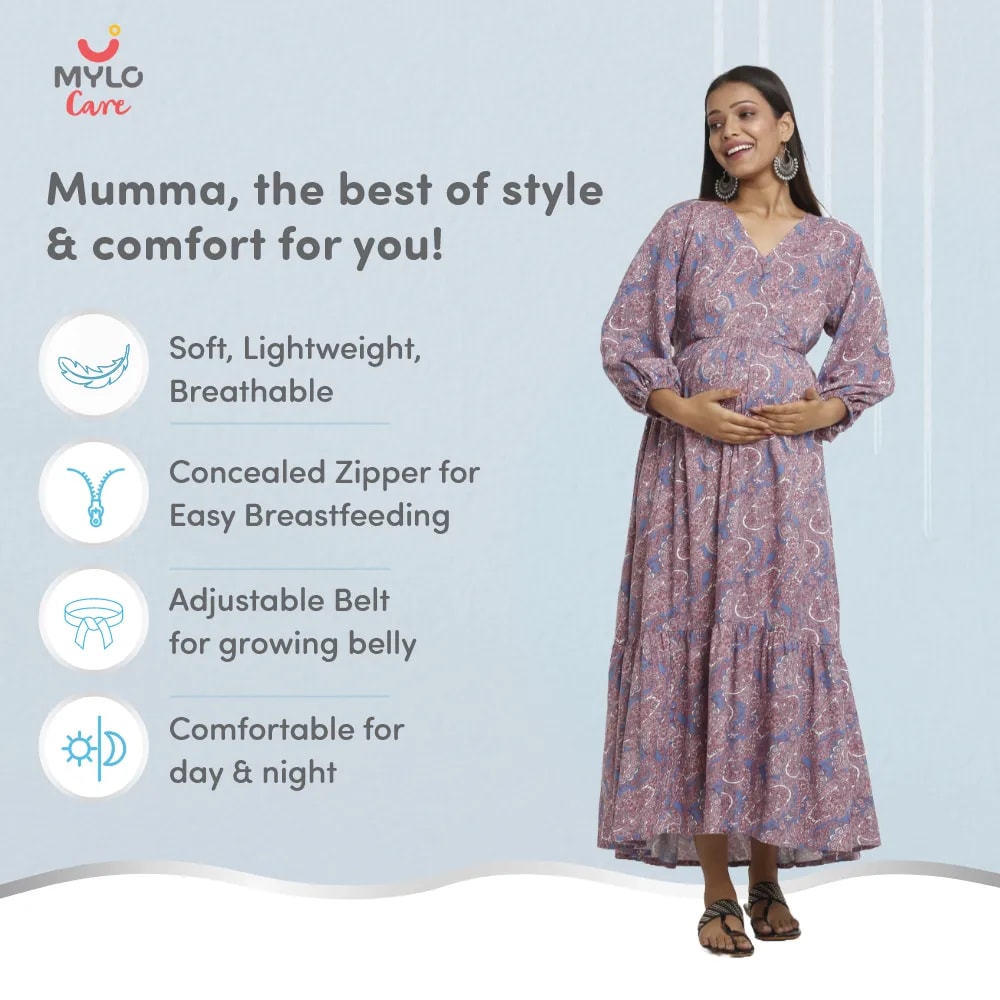 Maternity Dresses For Women with Both Side Zipper For Easy Feeding | Adjustable Belt for Growing Belly | Maxi Dress | Persian Paisley - Blue | XXL