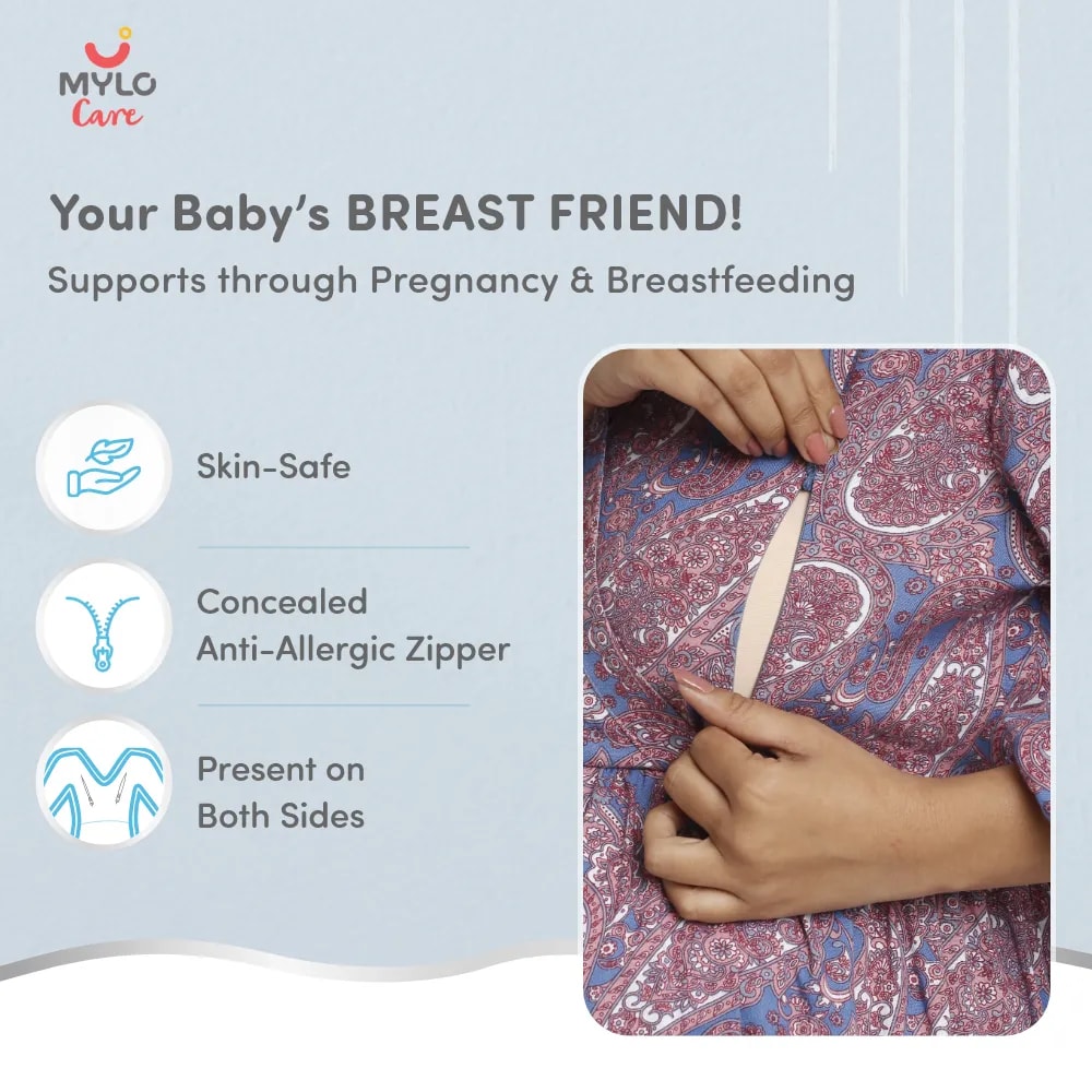 Maternity Dresses For Women with Both Side Zipper For Easy Feeding | Adjustable Belt for Growing Belly | Maxi Dress | Persian Paisley - Blue | XXL