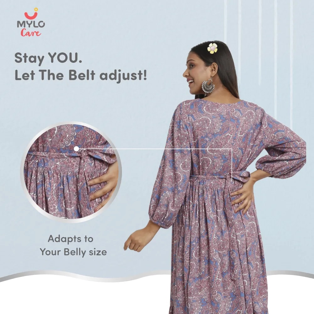 Maternity Dresses For Women with Both Side Zipper For Easy Feeding | Adjustable Belt for Growing Belly | Maxi Dress | Persian Paisley - Blue | XXL