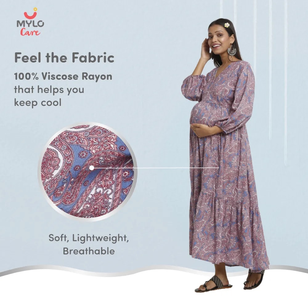 Maternity Dresses For Women with Both Side Zipper For Easy Feeding | Adjustable Belt for Growing Belly | Maxi Dress | Persian Paisley - Blue | XXL