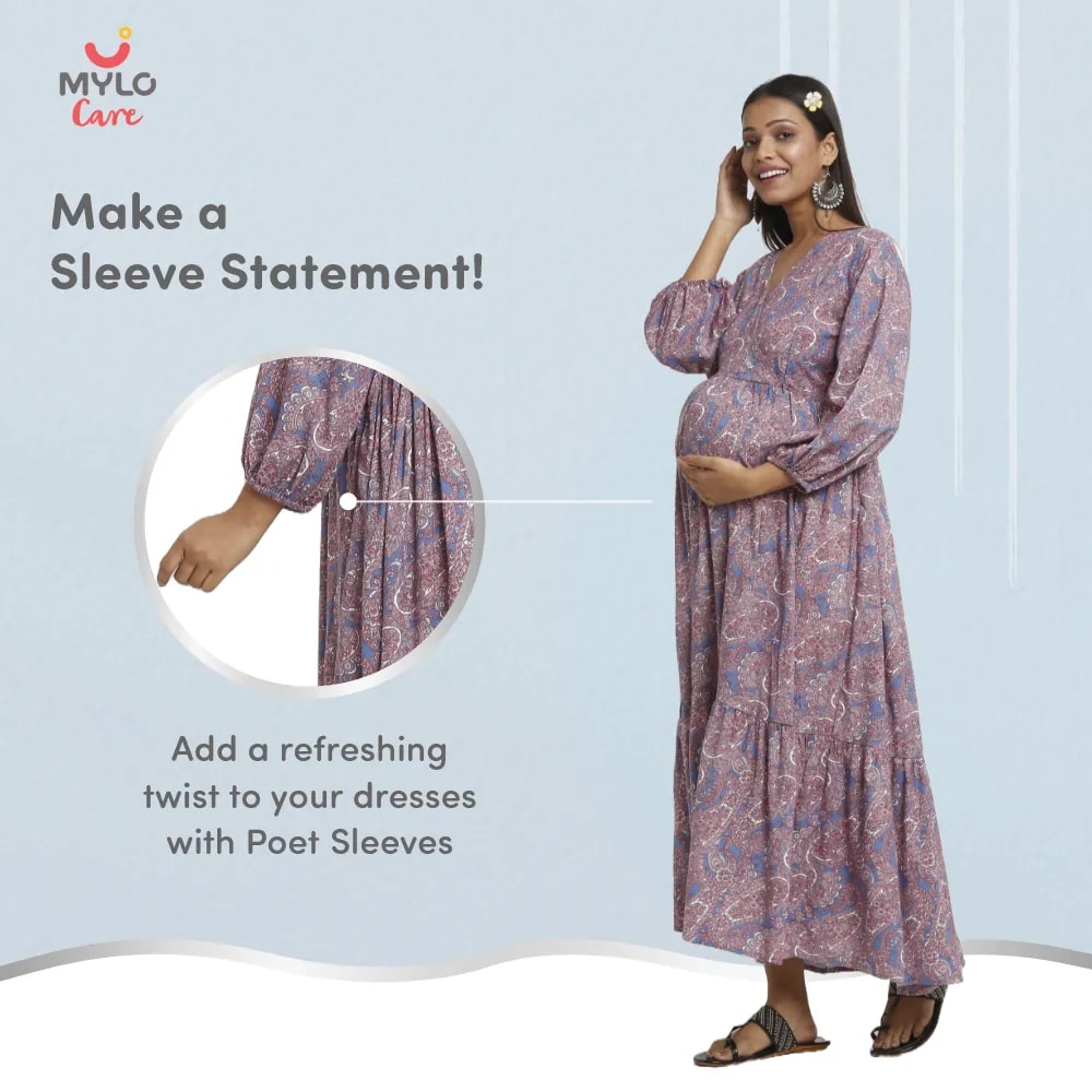 Maternity Dresses For Women with Both Side Zipper For Easy Feeding | Adjustable Belt for Growing Belly | Maxi Dress | Persian Paisley - Blue | XXL