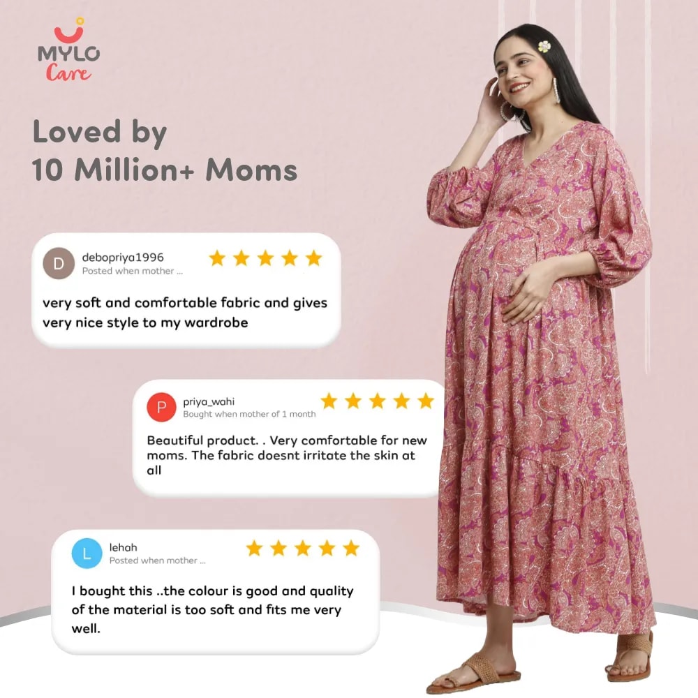 Maternity Dresses For Women with Both Side Zipper For Easy Feeding | Adjustable Belt for Growing Belly | Maxi Dress | Persian Paisley - Pink | L