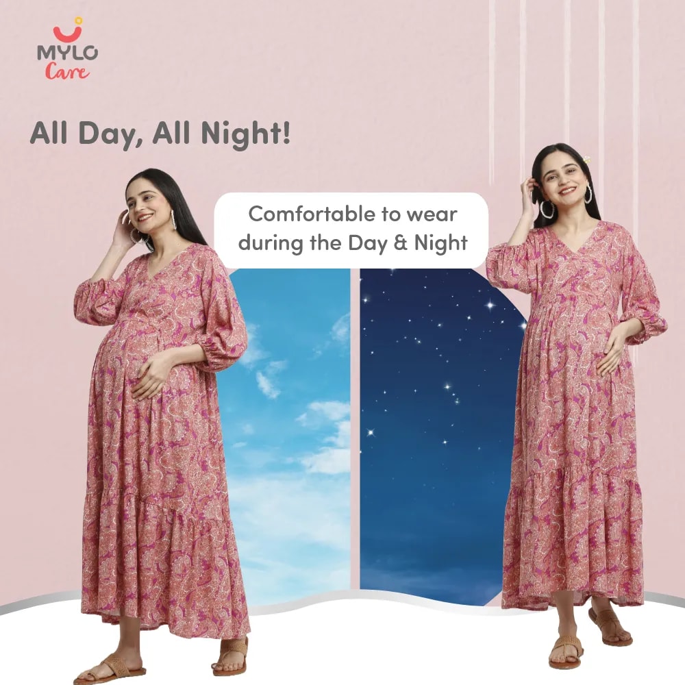 Maternity Dresses For Women with Both Side Zipper For Easy Feeding | Adjustable Belt for Growing Belly | Maxi Dress | Persian Paisley - Pink | L